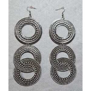 Silver Tone Textured Earrings Long 5.75" Dangle Drop Round Circles